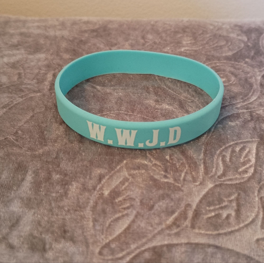 3/$10 🌟 NEW Teal Blue & White W.W.J.D What Would Jesus Do Plastic Bracelet